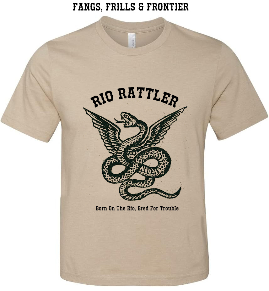 Rio Rattler winged rattlesnake badge on a heather sand t-shirt